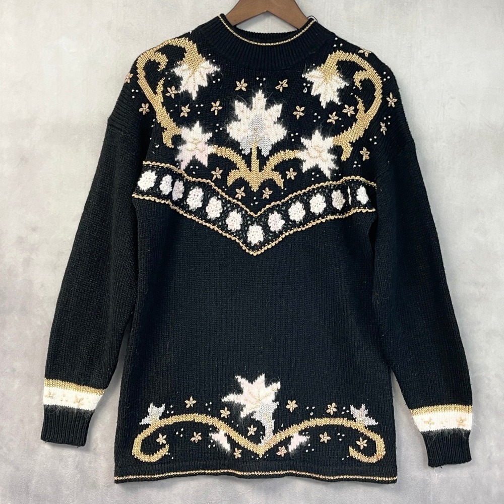 Vintage Dana Scott Womens Sweater Size L Floral Metallic Baroque Nouveau Ornate